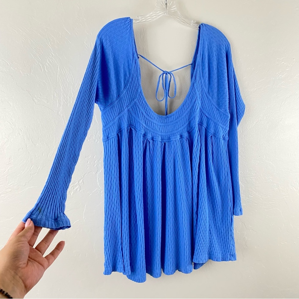 Free People Periwinkle Blue Scoop Neck Full Sleeve Tie-up Mini Dress tunic top